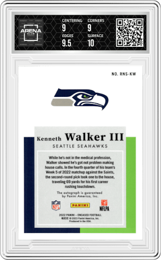 Kenneth Walker III from the 2022 Panini Encased set featuring a Gold parallel graded by Arena Club and given an overall grade of 9.5.
