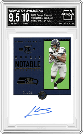 Kenneth Walker III from the 2022 Panini Encased set featuring a Gold parallel graded by Arena Club and given an overall grade of 9.5.