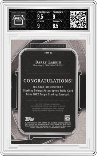 Barry Larkin from the 2022 Topps Sterling set graded by Arena Club and given an overall grade of 9.
