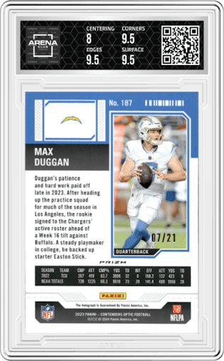 Max Duggan from the 2023 Panini Contenders Optic set featuring a Purple Pulsar parallel graded by Arena Club and given an overall grade of 8.5.