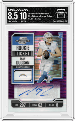 Max Duggan from the 2023 Panini Contenders Optic set featuring a Purple Pulsar parallel graded by Arena Club and given an overall grade of 8.5.