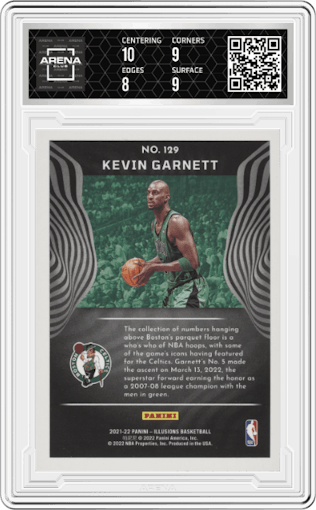 Kevin Garnett from the 2021-22 Panini Illusions set featuring a Trophy Collection Orange parallel graded by Arena Club and given an overall grade of 8.5.