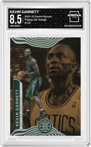 Kevin Garnett from the 2021-22 Panini Illusions set featuring a Trophy Collection Orange parallel graded by Arena Club and given an overall grade of 8.5.