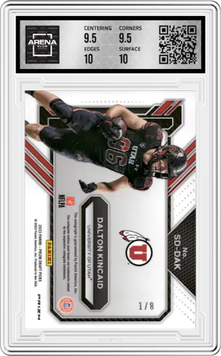 Dalton Kincaid from the 2023 Panini Prizm Draft Picks set featuring a Green Shimmer parallel graded by Arena Club and given an overall grade of 10.