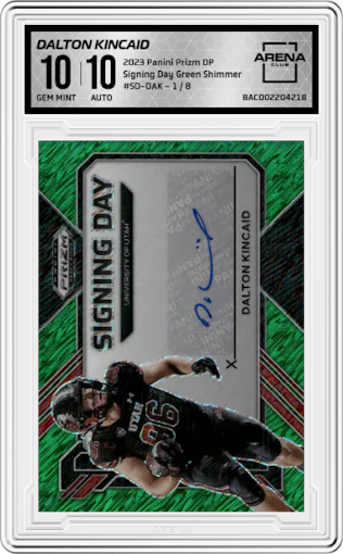 Dalton Kincaid from the 2023 Panini Prizm Draft Picks set featuring a Green Shimmer parallel graded by Arena Club and given an overall grade of 10.