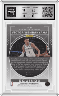 Victor Wembanyama from the 2023-24 Panini Obsidian set graded by Arena Club and given an overall grade of 10.