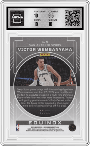Victor Wembanyama from the 2023-24 Panini Obsidian set graded by Arena Club and given an overall grade of 10.