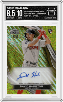 David Hamilton from the  2024 Topps Chrome Black set featuring a Gold Mini-Diamond Refractor parallel graded by Arena Club and given an overall grade of 8.5.