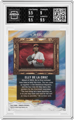 Elly De La Cruz from the 2024 Panini Donruss set featuring a Blue Ice parallel graded by Arena Club and given an overall grade of 9.5.
