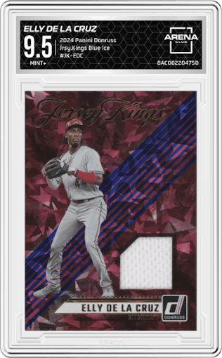 Elly De La Cruz from the 2024 Panini Donruss set featuring a Blue Ice parallel graded by Arena Club and given an overall grade of 9.5.