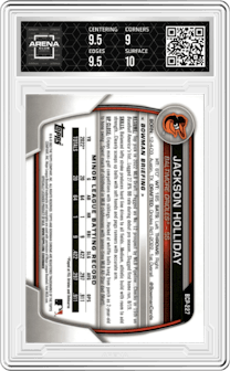 Jackson Holliday from the 2023 Bowman Chrome Mega Box set graded by Arena Club and given an overall grade of 9.5.