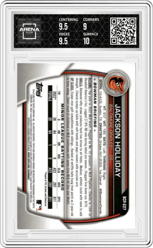 Jackson Holliday from the 2023 Bowman Chrome Mega Box set graded by Arena Club and given an overall grade of 9.5.