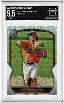 Jackson Holliday from the 2023 Bowman Chrome Mega Box set graded by Arena Club and given an overall grade of 9.5.