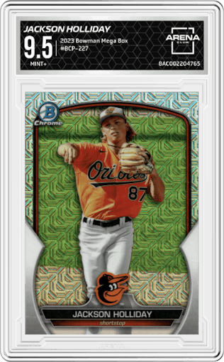 Jackson Holliday from the 2023 Bowman Chrome Mega Box set graded by Arena Club and given an overall grade of 9.5.