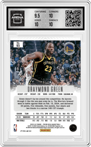  Draymond Green from the 2023-24 Panini Prizm Deca set featuring a FOTL Green Shimmer parallel graded by Arena Club and given an overall grade of 10.
