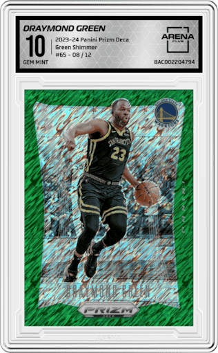 Draymond Green from the 2023-24 Panini Prizm Deca set featuring a FOTL Green Shimmer parallel graded by Arena Club and given an overall grade of 10.