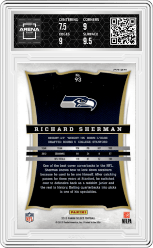 Richard Sherman from the 2013 Panini Select set featuring a Silver Prizm parallel graded by Arena Club and given an overall grade of 8.