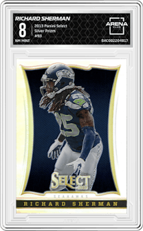 Richard Sherman from the 2013 Panini Select set featuring a Silver Prizm parallel graded by Arena Club and given an overall grade of 8.