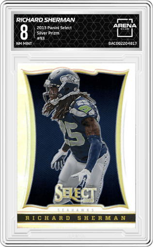 Richard Sherman from the 2013 Panini Select set featuring a Silver Prizm parallel graded by Arena Club and given an overall grade of 8.