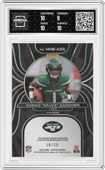 Ahmad "Sauce" Gardner from the 2022 Panini Spectra set featuring a Meta parallel graded by Arena Club and given an overall grade of 9.5.