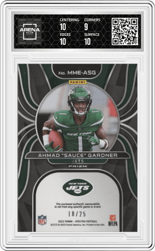 Ahmad "Sauce" Gardner from the 2022 Panini Spectra set featuring a Meta parallel graded by Arena Club and given an overall grade of 9.5.