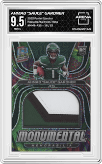 Ahmad "Sauce" Gardner from the 2022 Panini Spectra set featuring a Meta parallel graded by Arena Club and given an overall grade of 9.5.