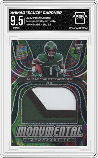 Ahmad "Sauce" Gardner from the 2022 Panini Spectra set featuring a Meta parallel graded by Arena Club and given an overall grade of 9.5.
