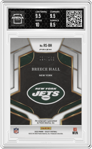 Breece Hall from the 2022 Panini Select set graded by Arena Club and given an overall grade of 9.