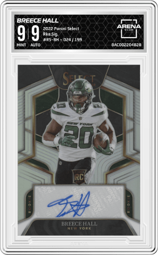 Breece Hall from the 2022 Panini Select set graded by Arena Club and given an overall grade of 9.
