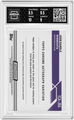 John Randle from the 2023 Topps Composite set featuring a Purple Refractor parallel graded by Arena Club and given an overall grade of 9.