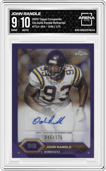 John Randle from the 2023 Topps Composite set featuring a Purple Refractor parallel graded by Arena Club and given an overall grade of 9.