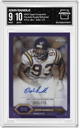 John Randle from the 2023 Topps Composite set featuring a Purple Refractor parallel graded by Arena Club and given an overall grade of 9.