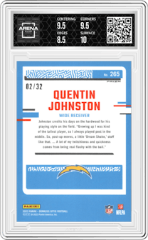 Quentin Johnston from the 2023 Donruss Optic set featuring a Shield parallel graded by Arena Club and given an overall grade of 9.