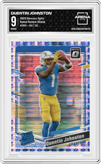 Quentin Johnston from the 2023 Donruss Optic set featuring a Shield parallel graded by Arena Club and given an overall grade of 9.