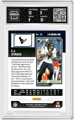 C.J. Stroud from the 2023 Panini Contenders set graded by Arena Club and given an overall grade of 9.5.