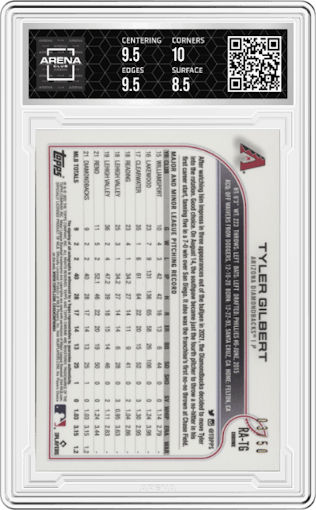 Tyler Gilbert from the 2022 Topps Chrome set featuring a Gold Refractor parallel graded by Arena Club and given an overall grade of 9.