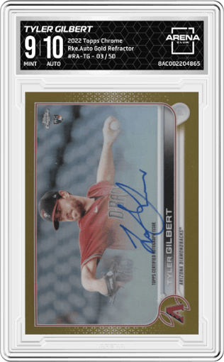 Tyler Gilbert from the 2022 Topps Chrome set featuring a Gold Refractor parallel graded by Arena Club and given an overall grade of 9.
