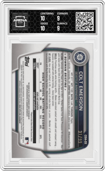 Colt Emerson from the 2023 Bowman Draft set featuring a Green Refractor parallel graded by Arena Club and given an overall grade of 9.5.