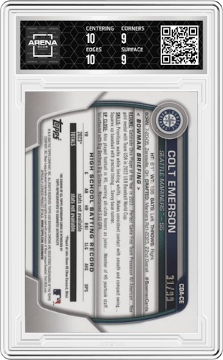 Colt Emerson from the 2023 Bowman Draft set featuring a Green Refractor parallel graded by Arena Club and given an overall grade of 9.5.