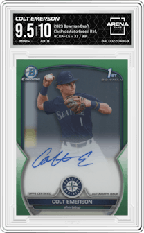 Colt Emerson from the 2023 Bowman Draft set featuring a Green Refractor parallel graded by Arena Club and given an overall grade of 9.5.