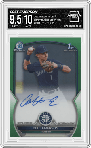 Colt Emerson from the 2023 Bowman Draft set featuring a Green Refractor parallel graded by Arena Club and given an overall grade of 9.5.