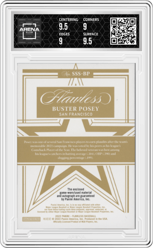 Buster Posey from the 2022 Panini Flawless set featuring a Ruby parallel graded by Arena Club and given an overall grade of 9.5.