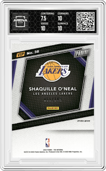 Shaquille O'Neal from the 2023 Panini The National VIP set featuring a Blue Sparkle parallel graded by Arena Club and given an overall grade of 8.
