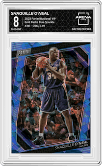 Shaquille O'Neal from the 2023 Panini The National VIP set featuring a Blue Sparkle parallel graded by Arena Club and given an overall grade of 8.