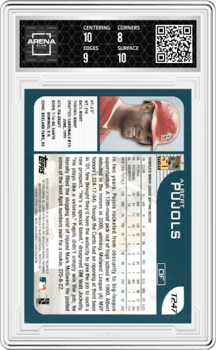 Albert Pujols from the 2001 Topps Traded  set graded by Arena Club and given an overall grade of 8.5.
