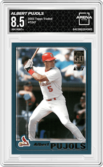 Albert Pujols from the 2001 Topps Traded  set graded by Arena Club and given an overall grade of 8.5.