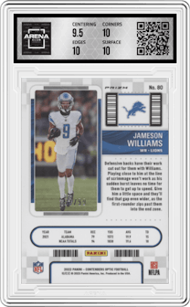 Jameson Williams from the 2022 Panini Contenders Optic set featuring a Blue parallel graded by Arena Club and given an overall grade of 10.