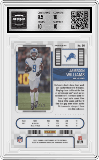 Jameson Williams from the 2022 Panini Contenders Optic set featuring a Blue parallel graded by Arena Club and given an overall grade of 10.