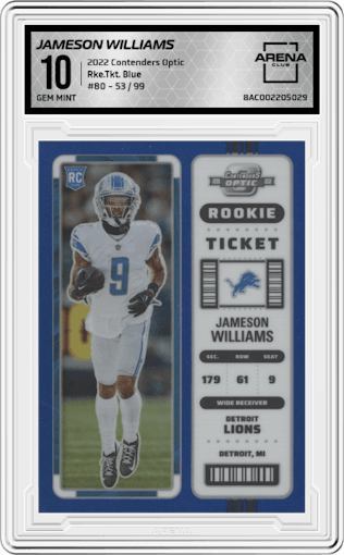 Jameson Williams from the 2022 Panini Contenders Optic set featuring a Blue parallel graded by Arena Club and given an overall grade of 10.