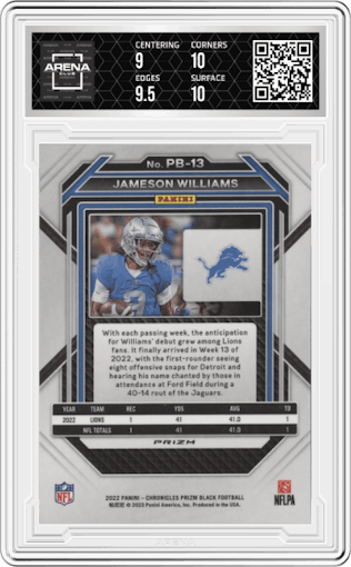 Jameson Williams from the 2022 Panini Chronicles set featuring a Silver parallel graded by Arena Club and given an overall grade of 9.5.